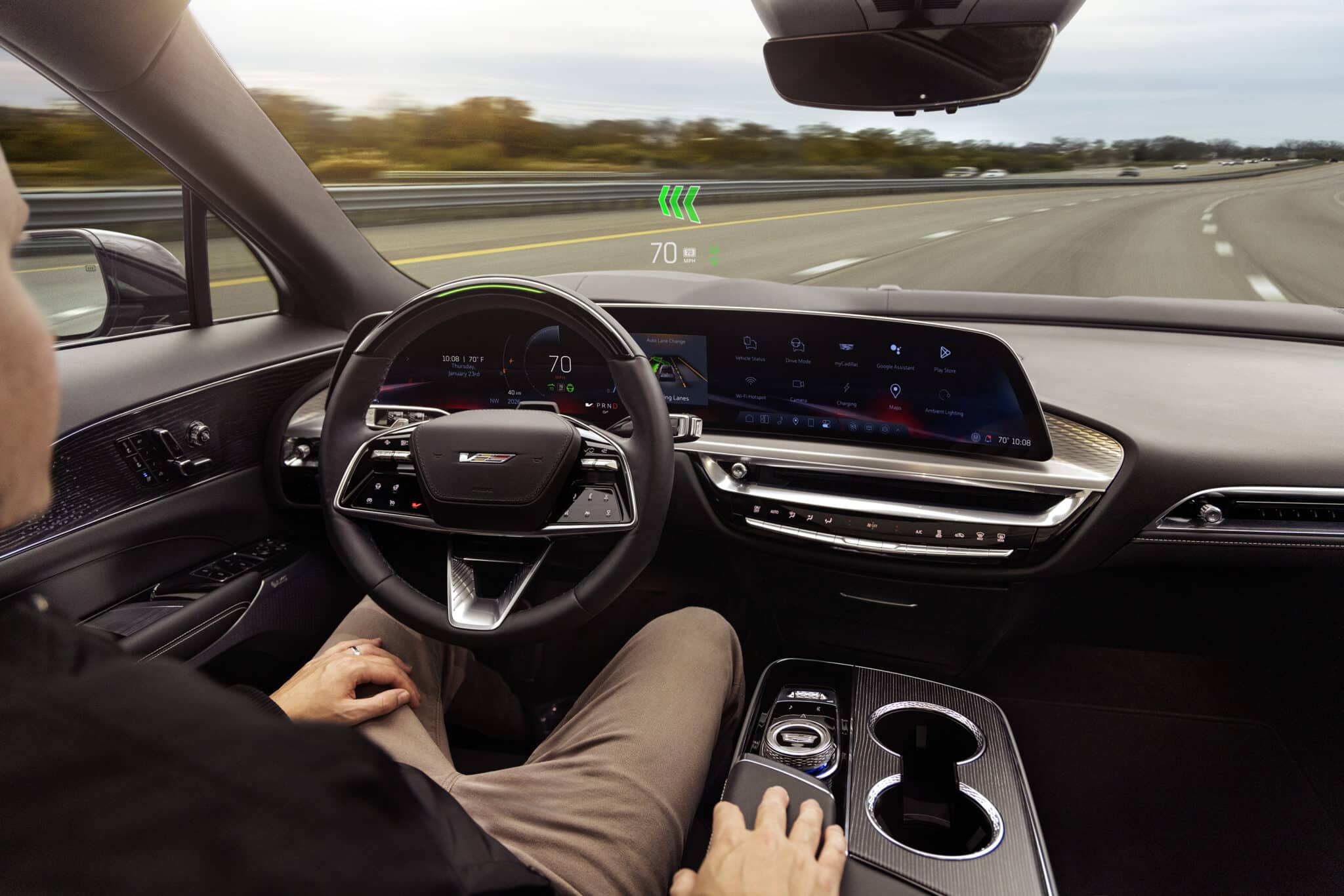 2026 Cadillac Lyriq-V’s with the driver utilizing Super Cruise and the dual-plane augmented reality heads-up display.